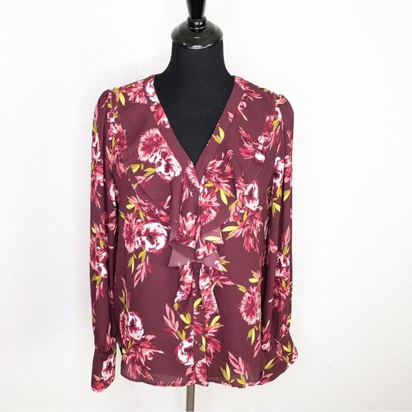 WHBM maroon pink floral ruffle front button down top size Small feminine classic - Picture 1 of 12